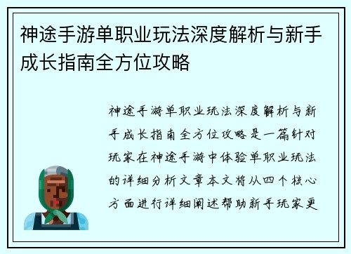神途手游单职业玩法深度解析与新手成长指南全方位攻略